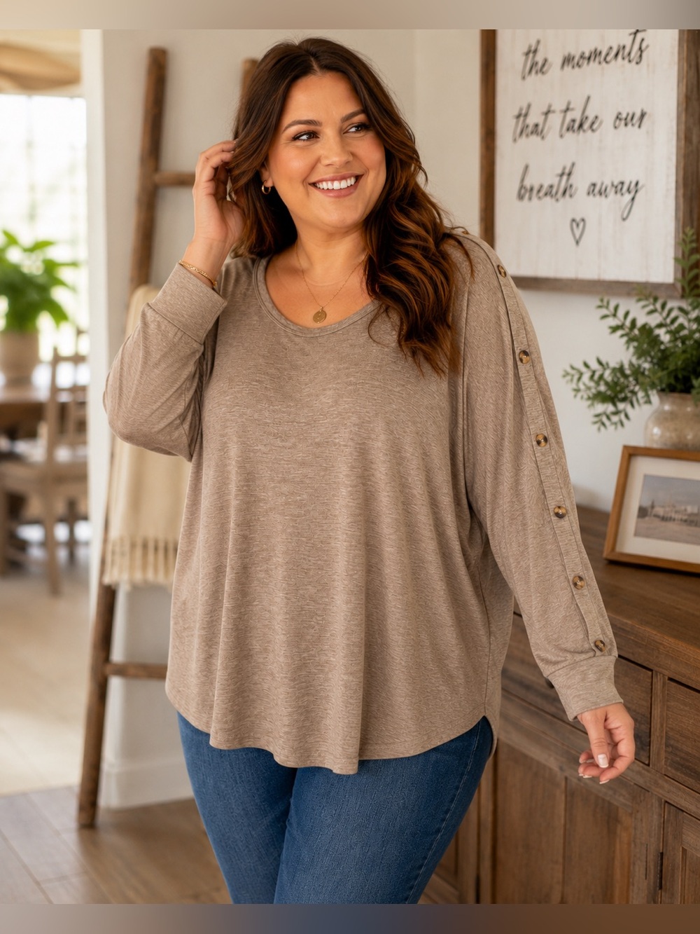 🤎 Boho Taupe Button Sleeve Blouse XL Soft Knit Oversized